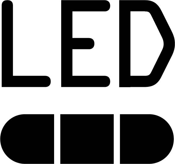 "LED" s stiliziranim slovima iznad pojednostavljene ikone žarulje