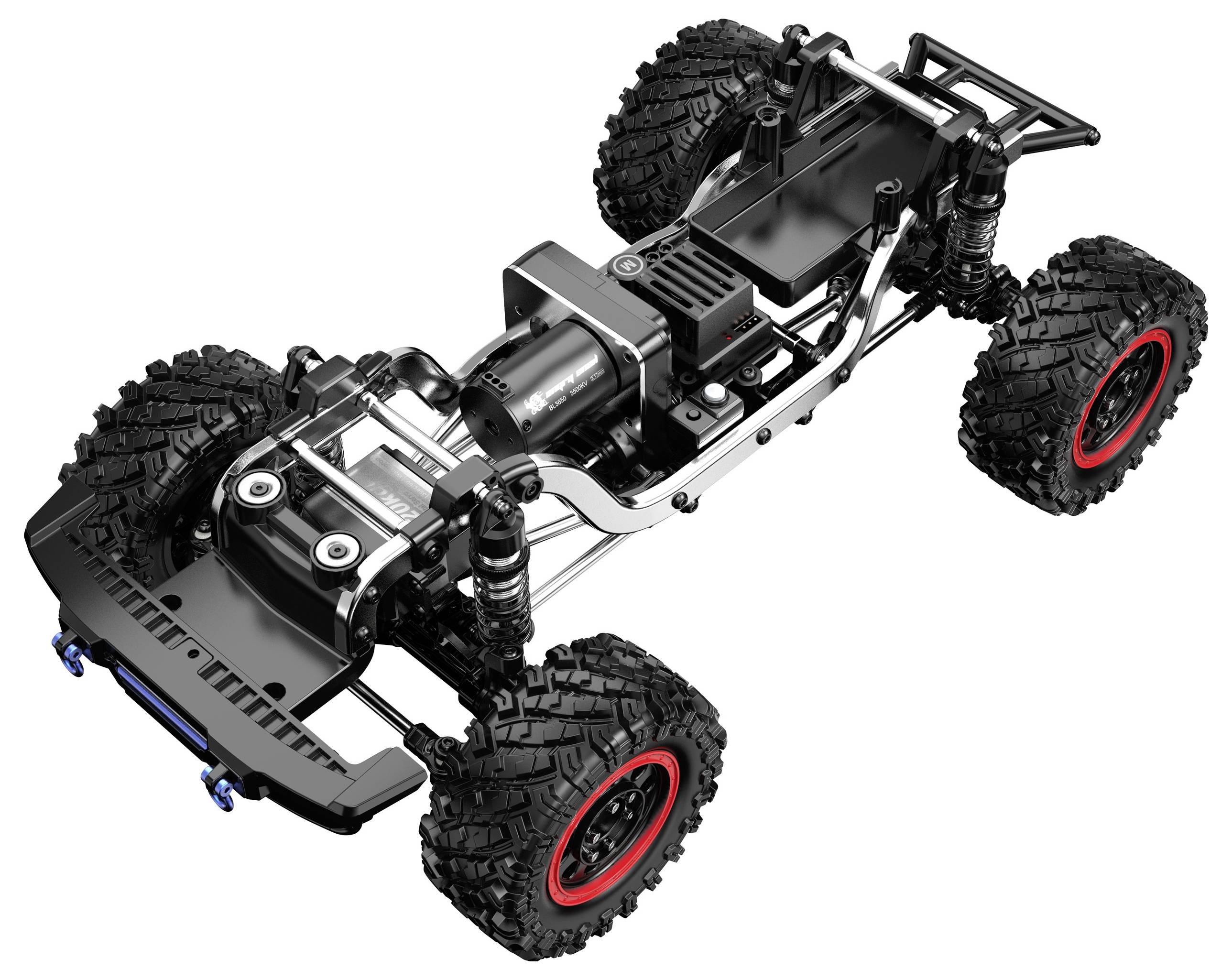 Slika prikazuje crni daljinski upravljani automobilski okvir s velikim, robusnim gumama koje imaju crvene felge, vidljivo ovješenje i centralni motor.