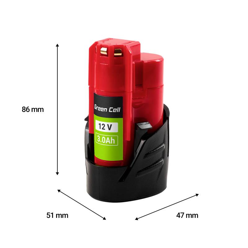 Crvena i crna baterija označena natpisom 'Green Cell 12V 3.0Ah' s dimenzijama: visina 86 mm, širina 51 mm, dubina 47 mm.