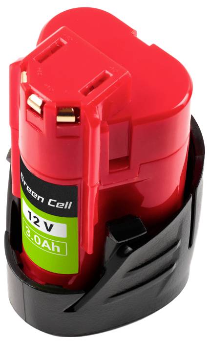 Crvena 12V baterija s crnim kućištem, označena natpisom 'Green Cell' i '3.0Ah'.