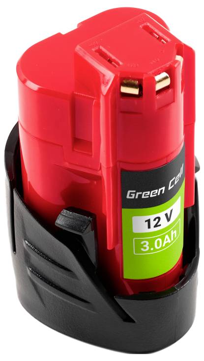 Crvena, punjiva baterija označena natpisom 'Green Cell 12V 3.0Ah' s crnom bazom.