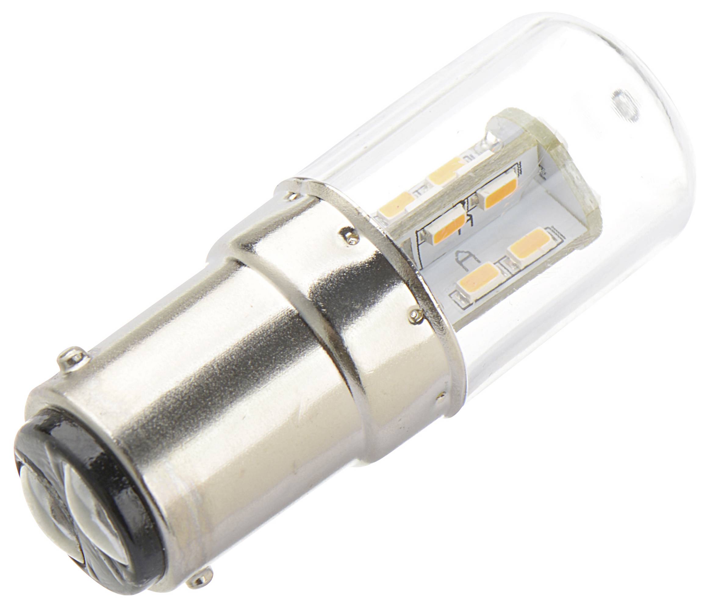 Bliski prikaz male metalne LED žarulje s prozirnim kućištem, koji prikazuje njezine unutarnje komponente i više malih LED čipova.