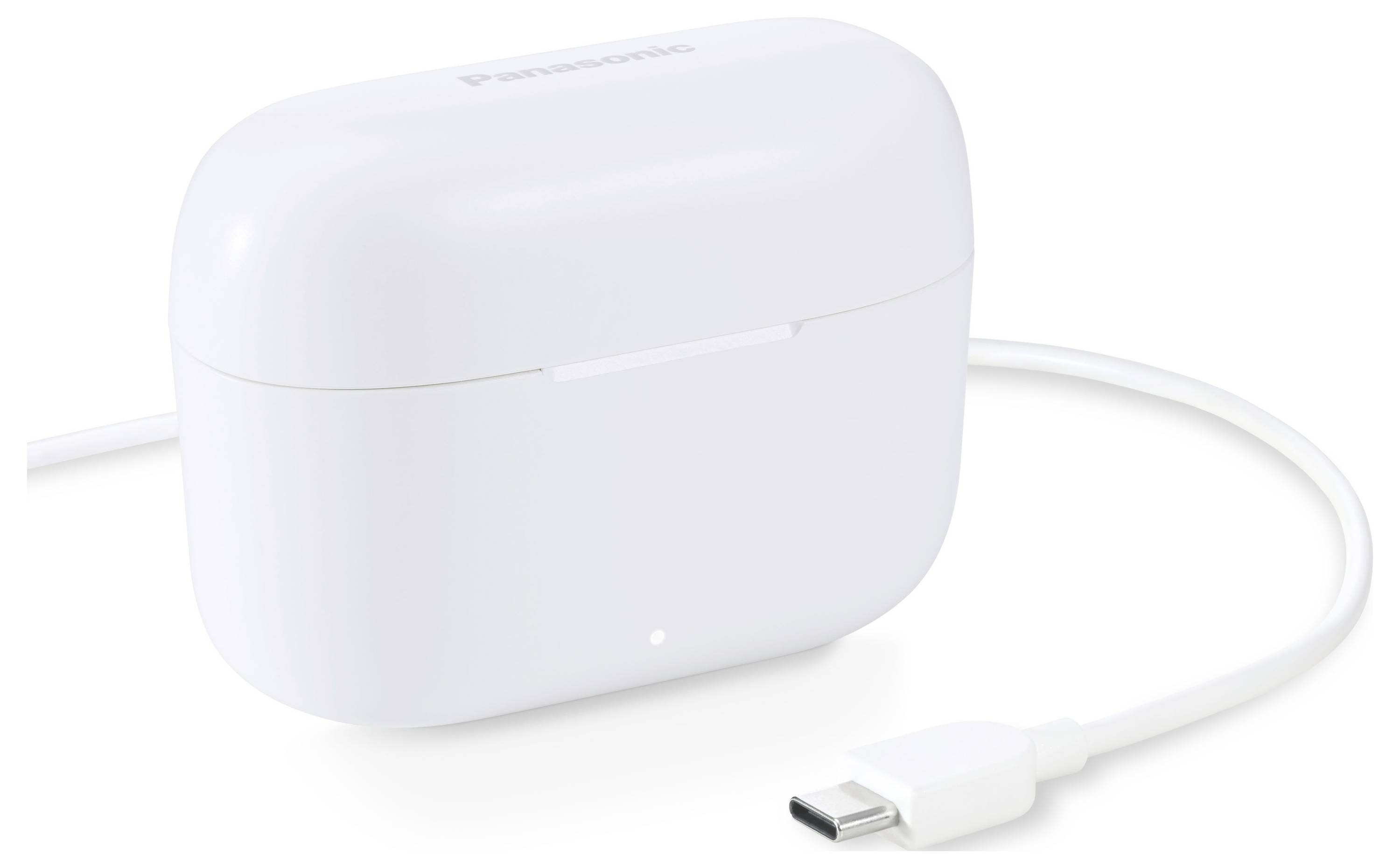 Bijeli pravokutni punjač za bežične slušalice povezan USB-C kabelom.