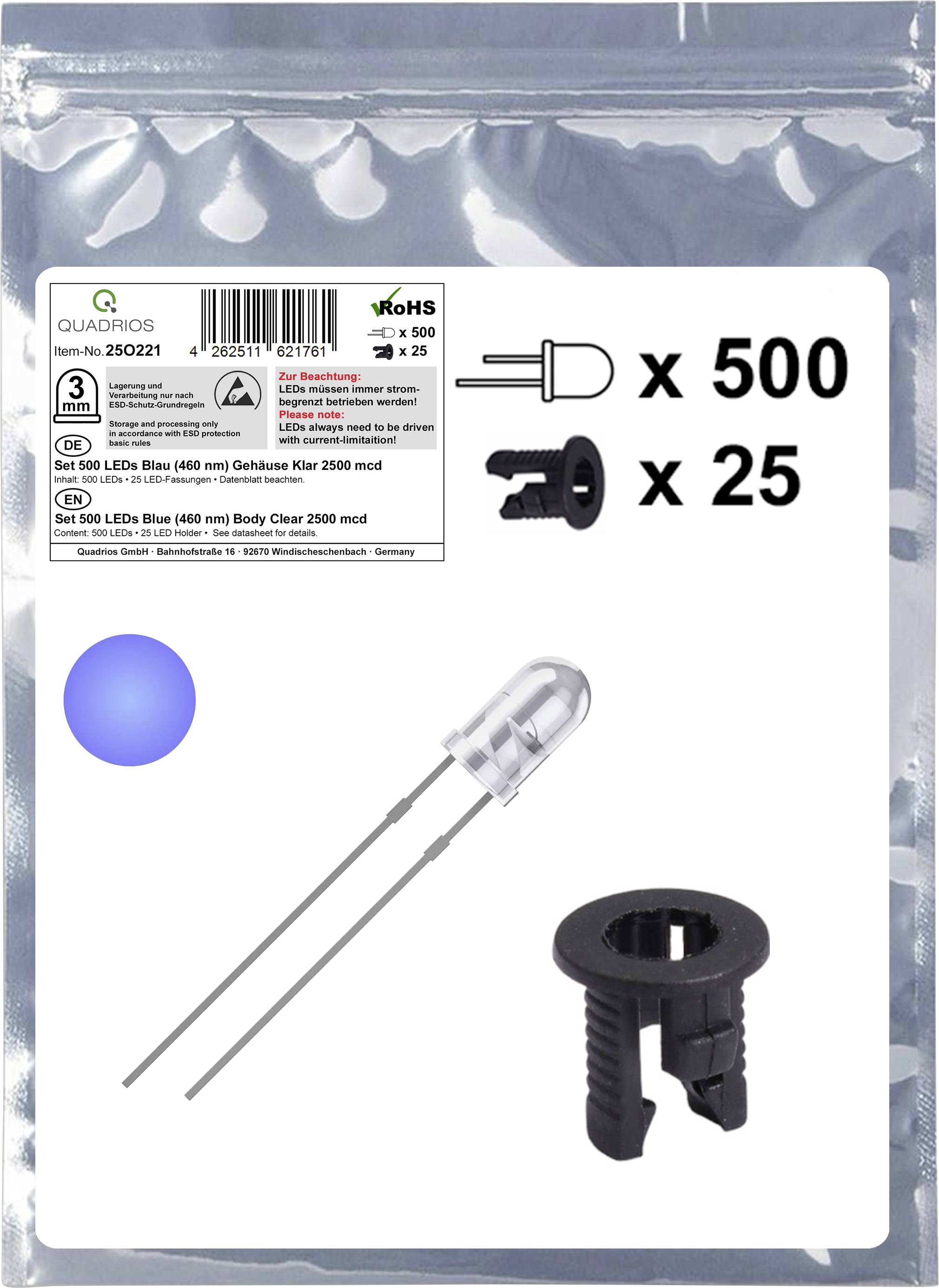 Quadrios 25O221 LED-assortiment Blauw Rond 3 mm 2500 mcd 20 mA 3.0 V afbeelding