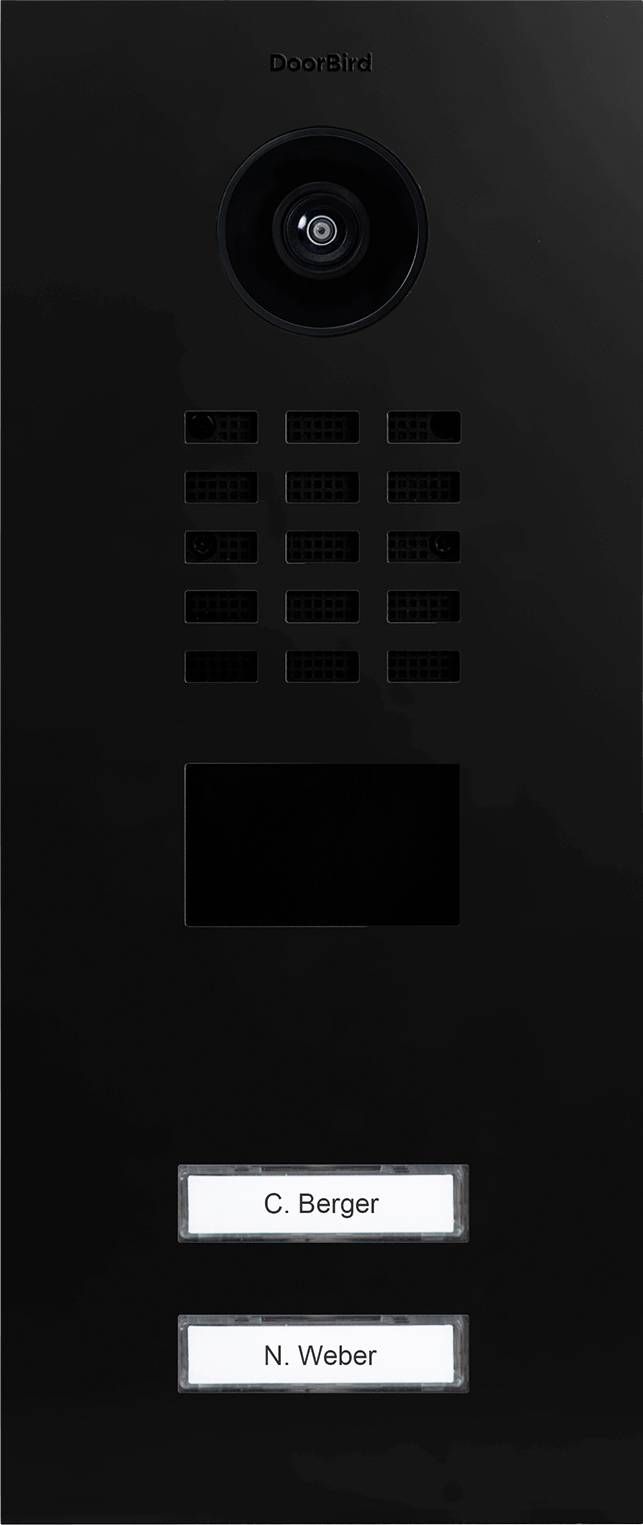Crni DoorBird interfon panel sadrži kameru, rešetku zvučnika i dva označena gumba: 'C. Berger' i 'N. Weber'.
