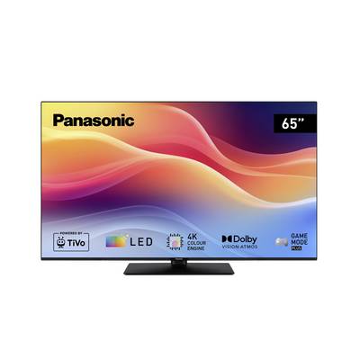 65-inčni Panasonicov LED TV zaslon koji prikazuje žive boje i logotipove, ističući karakteristike poput 4K Color Enginea, Dolby Vision-Atmosа i Game Modea.