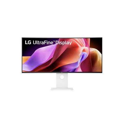 Široki monitor prikazuje živahne, šarene apstraktne zavoje s tekstom 'LG UltraFine Display' u gornjem lijevom kutu.