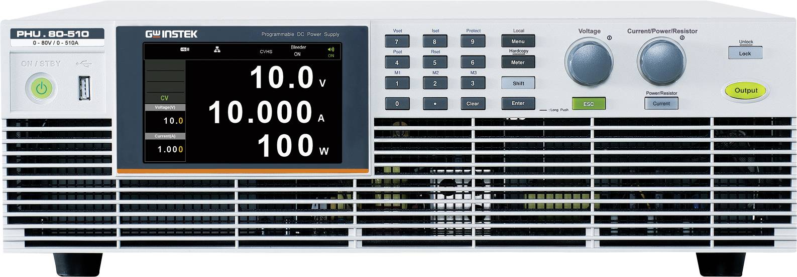 Pogled sprijeda uređaja za napajanje s LCD zaslonom koji prikazuje '10,0V', '10,000A' i '100W'. Vidljivi su višestruki kontrolni gumbi i tipke.
