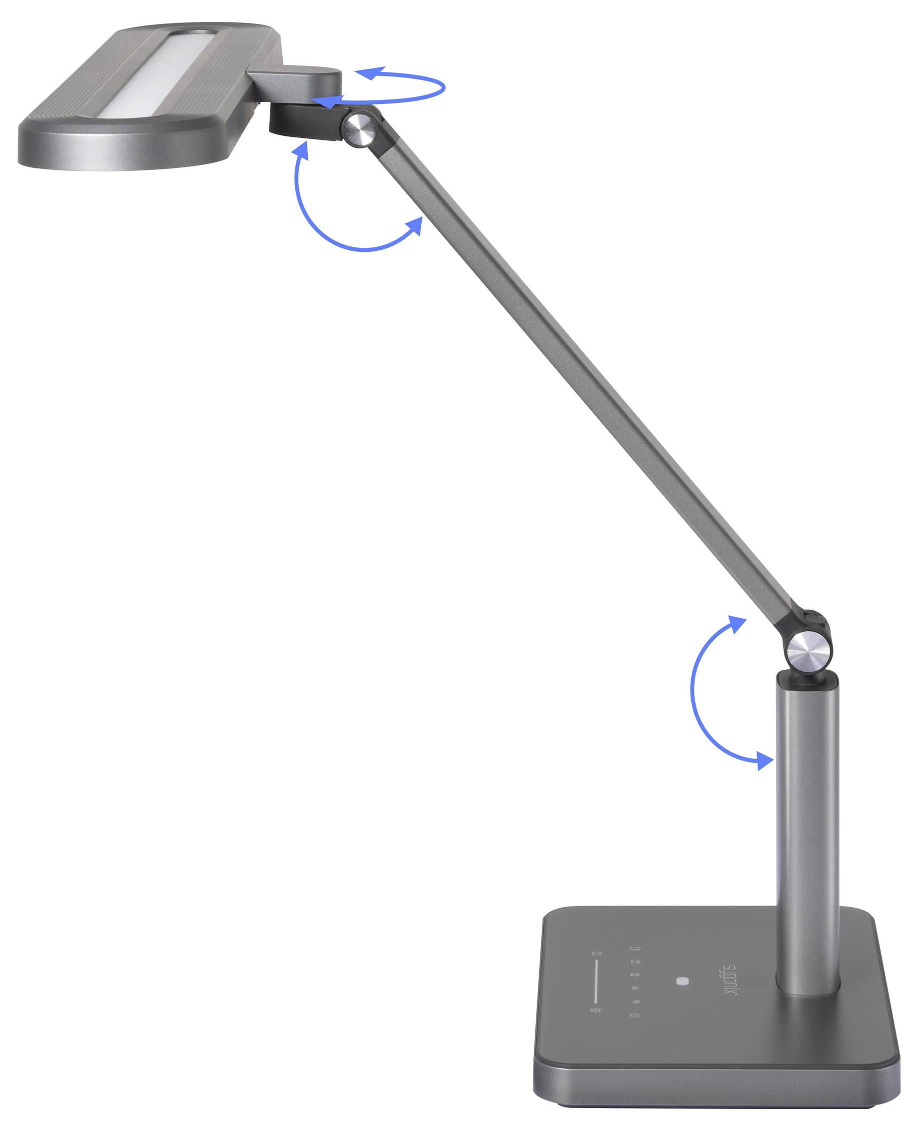 Podesiva stolna lampa s više zglobnih točaka, prikazana u bočnom pogledu koji ilustrira smjerove pokreta ruke pomoću plavih strelica.