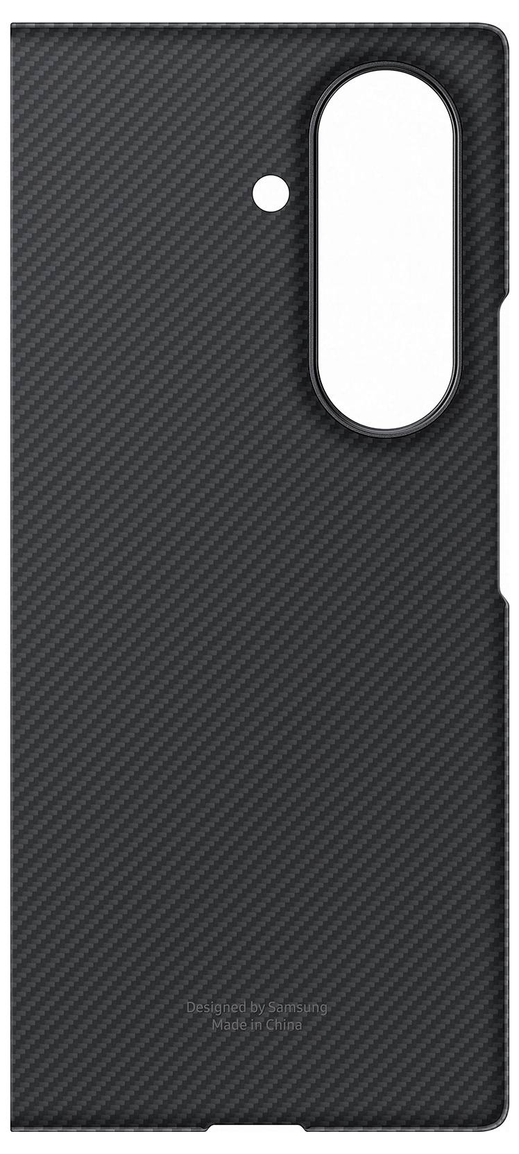 Crna teksturirana maska za telefon s velikim otvorom za leće kamere i manjim otvorom za senzor ili bljeskalicu.