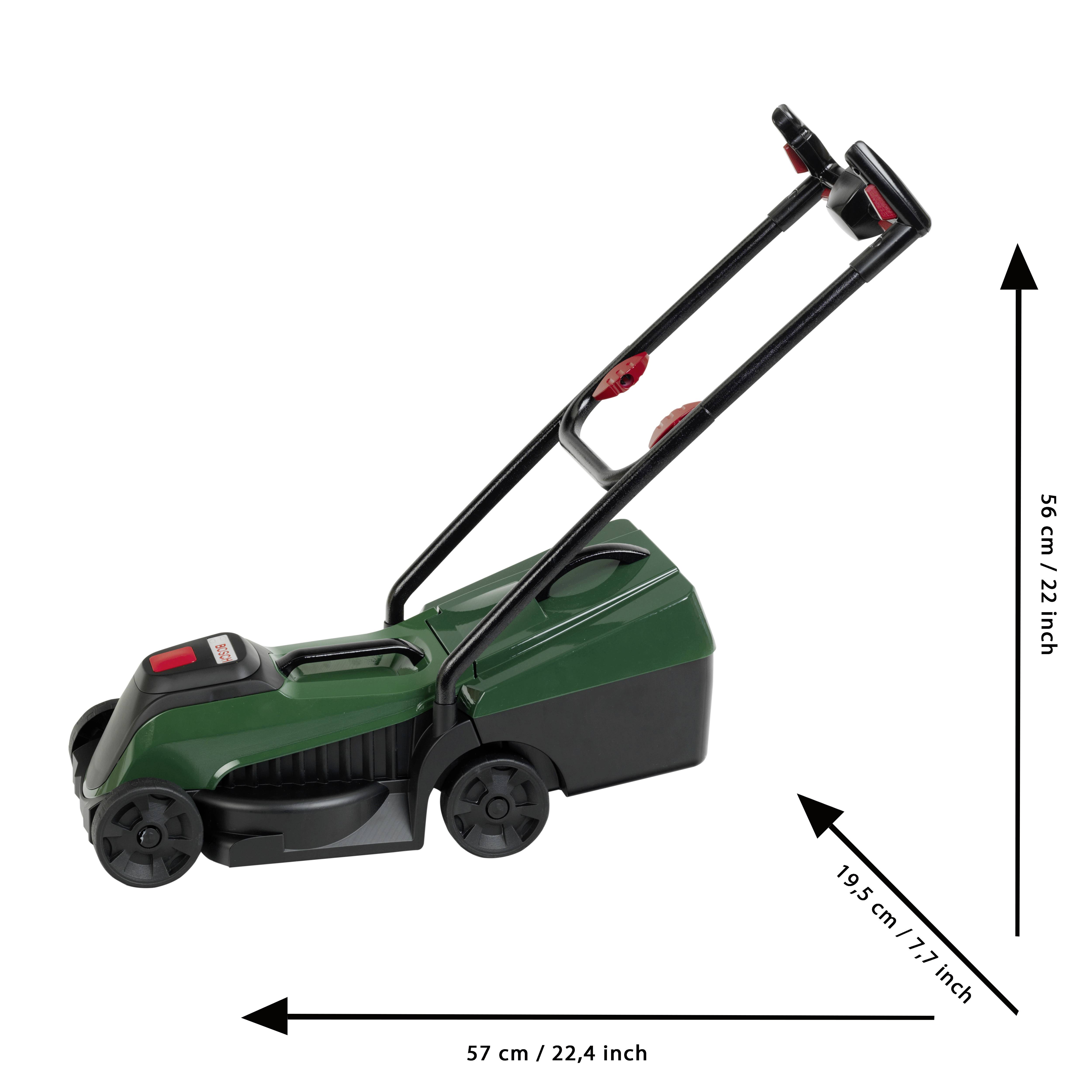 Zelena i crna električna kosilica na kotačima s produženim ručkama, s mjernim strelicama koje prikazuju njezine dimenzije: 57 cm duljine, 19,5 cm širine i 56 cm visine.