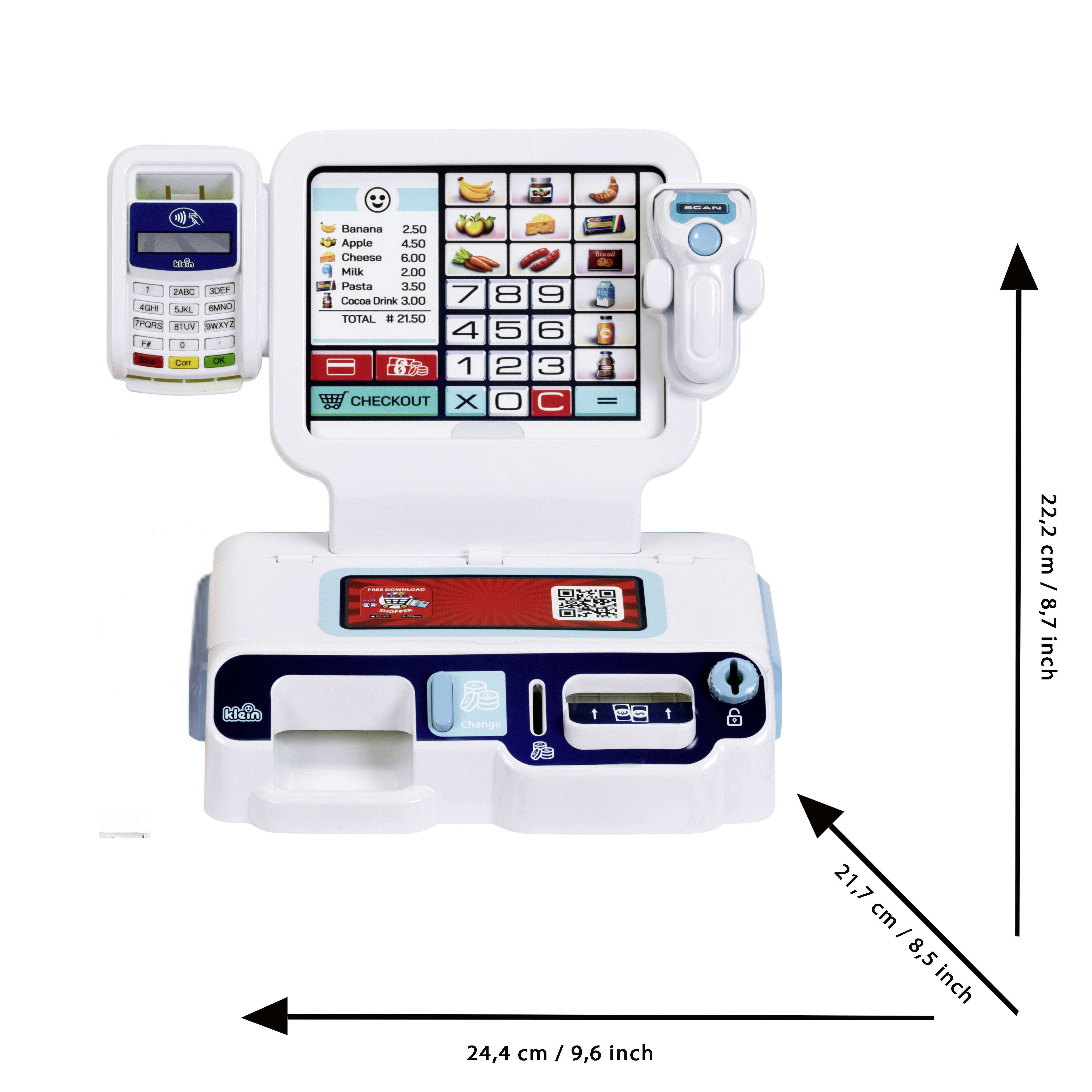 Plastični set igračke blagajne s ugrađenim kalkulatorom, elektronskim skenerom i čitačem kartica. Dimenzije: 24,4 x 21,7 x 22,2 cm.