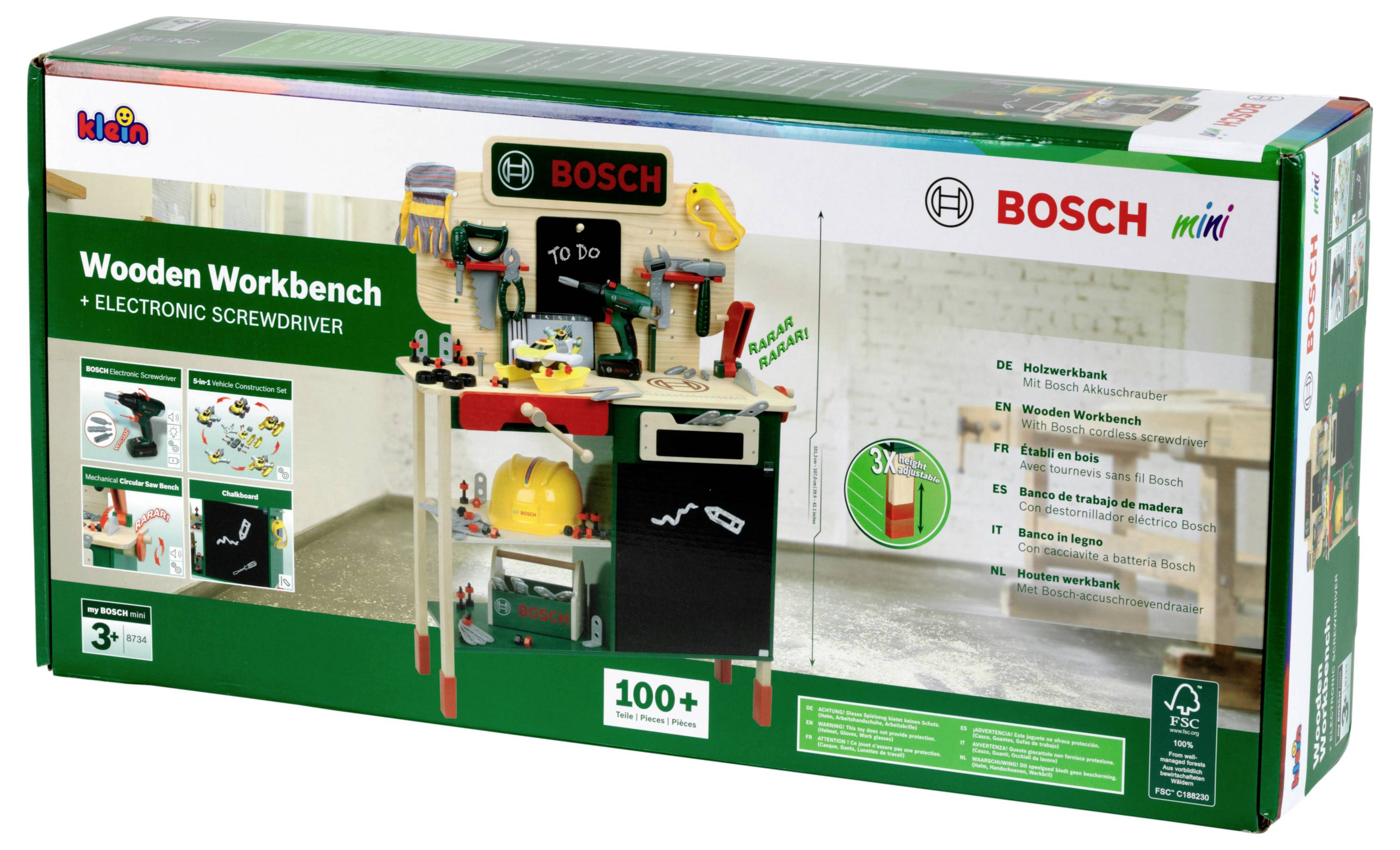 Drvena radna klupa za igru s Bosch brendom, koja uključuje alate za djecu stariju od 3 godine i elektronski odvijač.