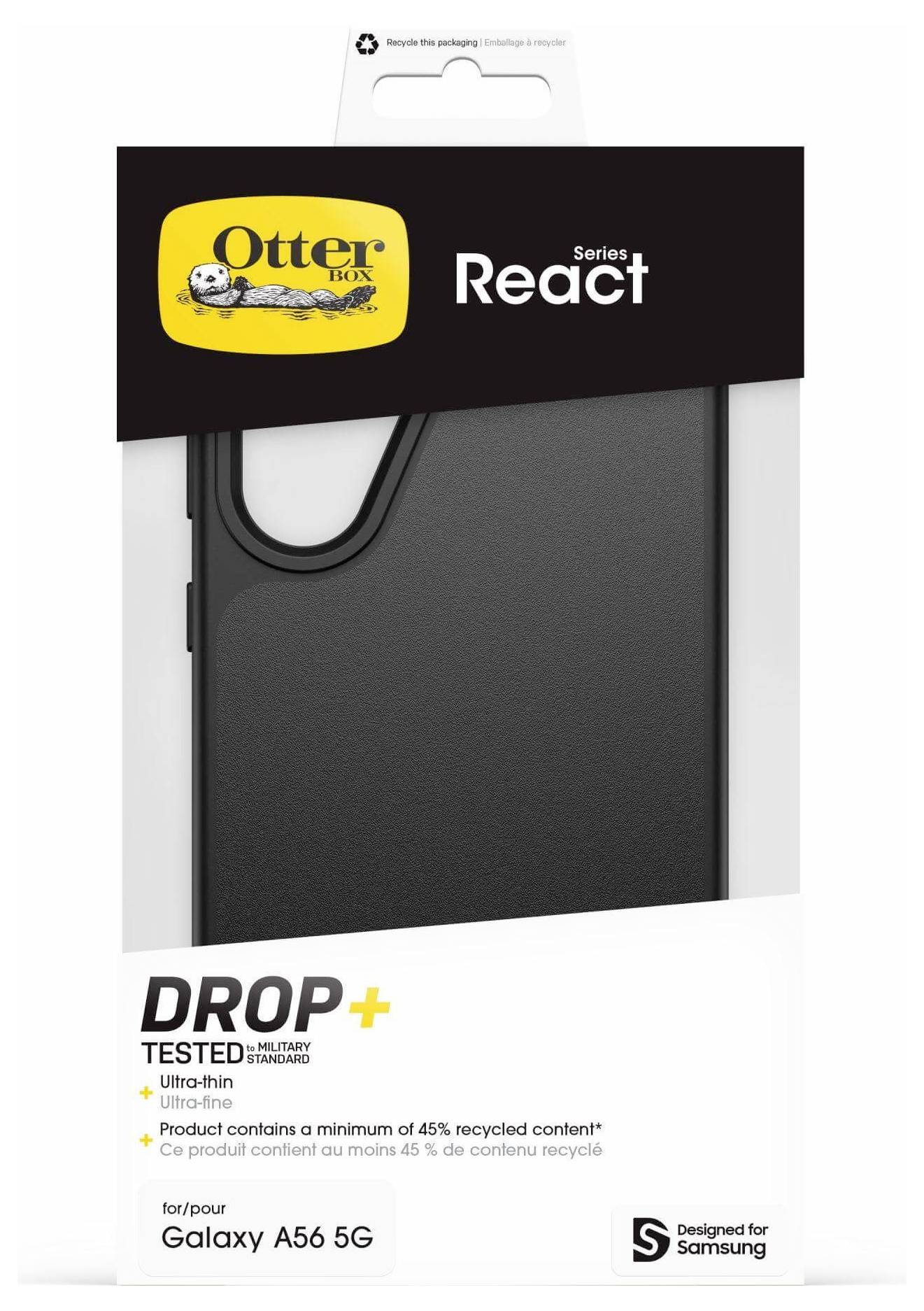 'Galaxy A56 5G' Otterbox React serija maska za telefon. Prikazuje crnu, ultra-tanku zaštitnu masku s zaštitom od padova. Uključuje reciklirani sadržaj.