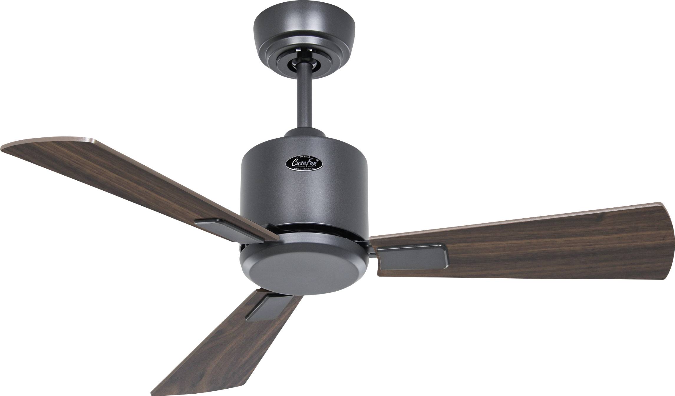 Stropni ventilator s tri tamna drvena krila i crnim kućištem motora, dizajniran za moderna unutarnja uređenja.