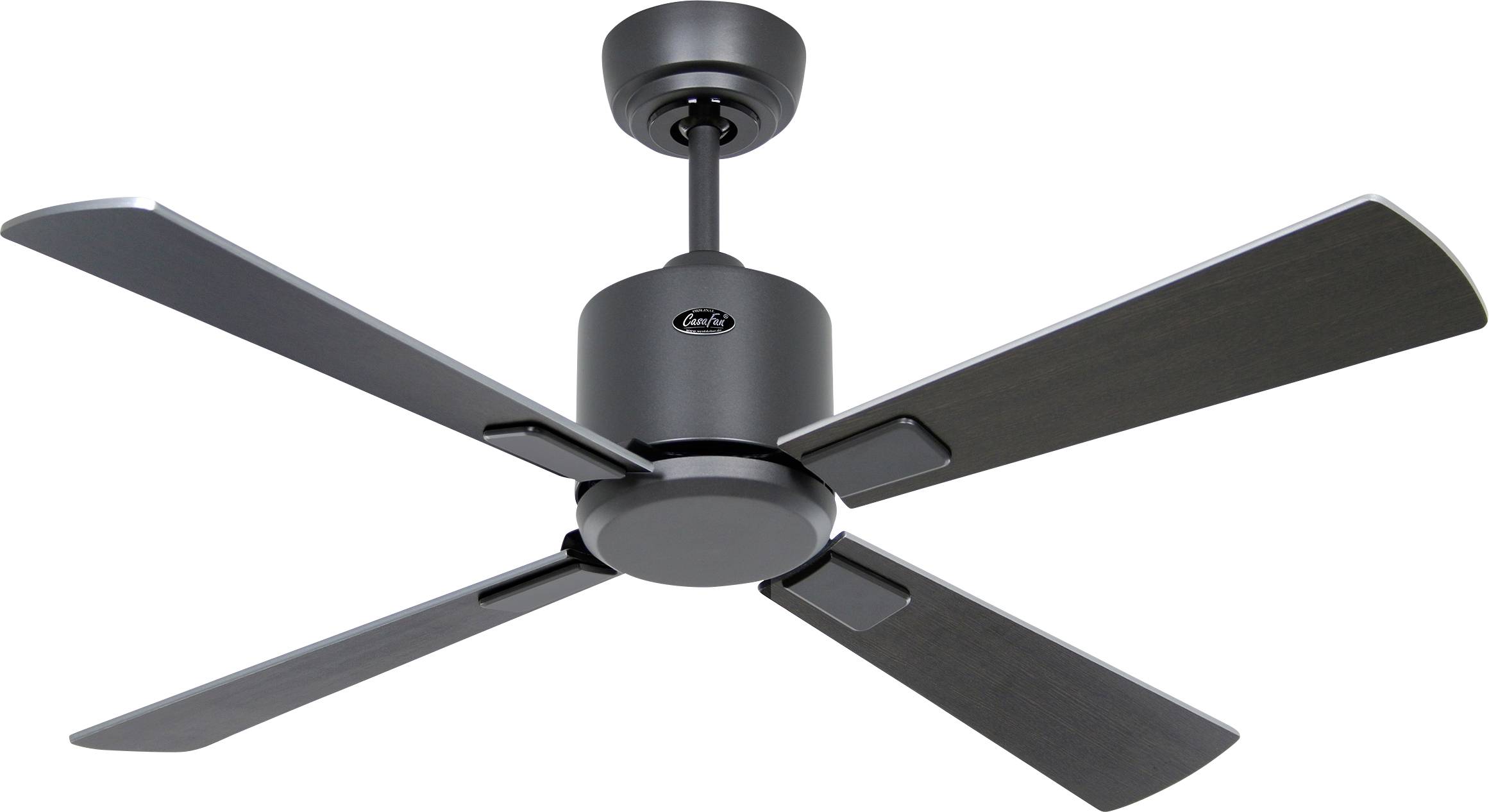 Moderni stropni ventilator s elegantnim, crnim završnim slojem i četiri kraka, koji prikazuje minimalistički dizajn prikladan za suvremene interijere.