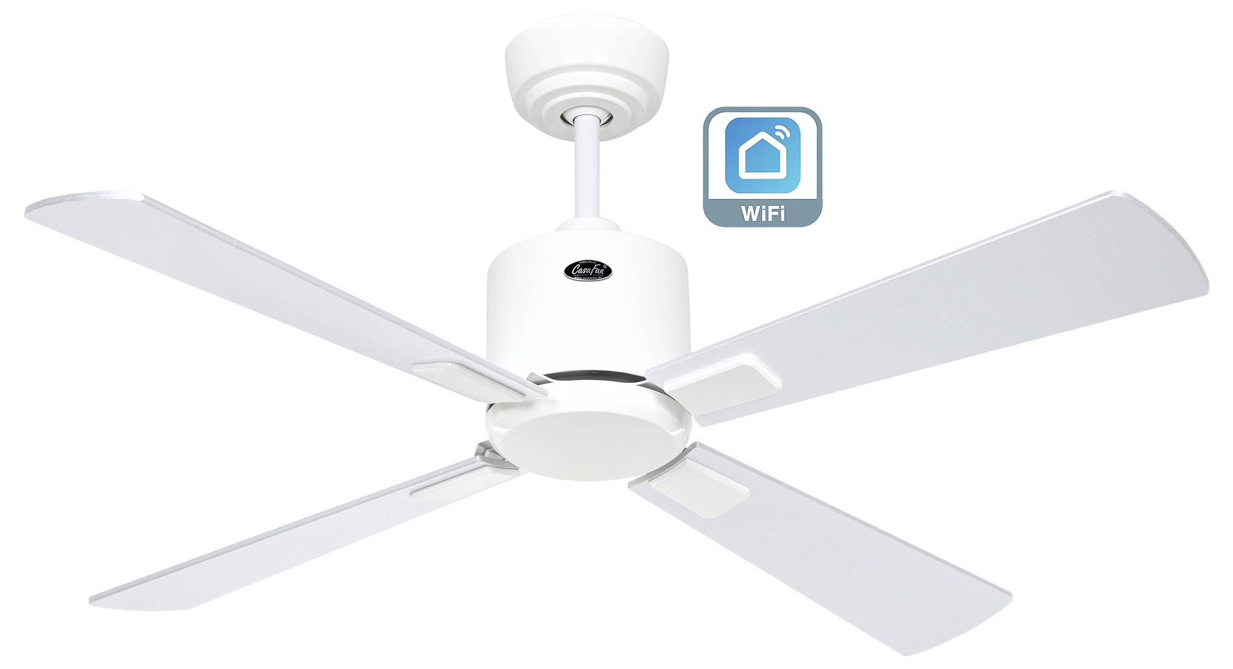 Bijeli stropni ventilator s četiri lopatice i WiFi ikonom koja označava pametne funkcije povezivosti.