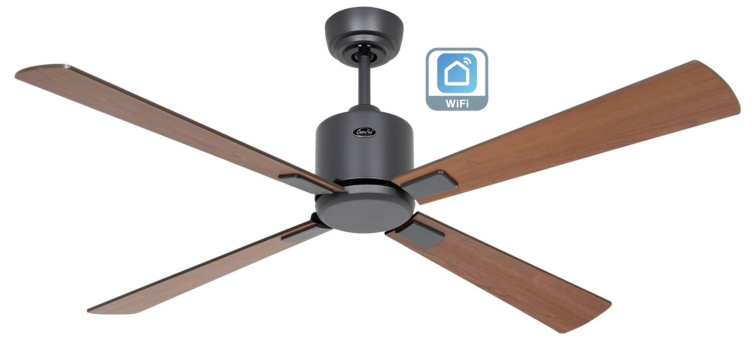 Stropni ventilator s četiri drvene lopatice ima Wi-Fi simbol koji označava pametnu funkcionalnost.