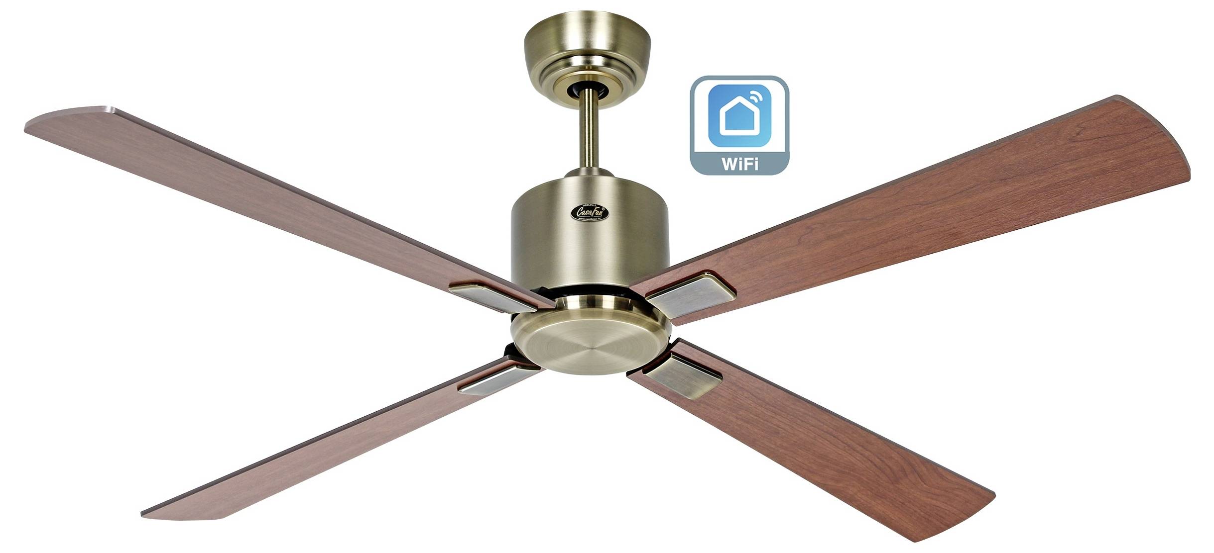 Stropni ventilator s četiri drvene lopatice, metalnim završetkom i simbolom 'WiFi' koji označava pametnu povezivost.
