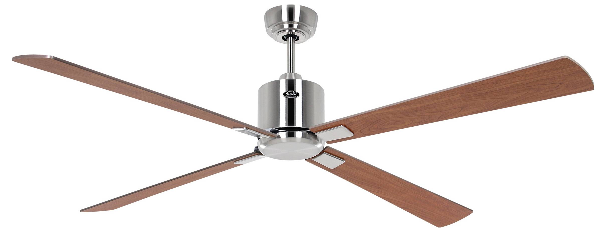 Moderan stropni ventilator s četiri drvene lopatice i metalnim završetkom, postavljen na šipku.