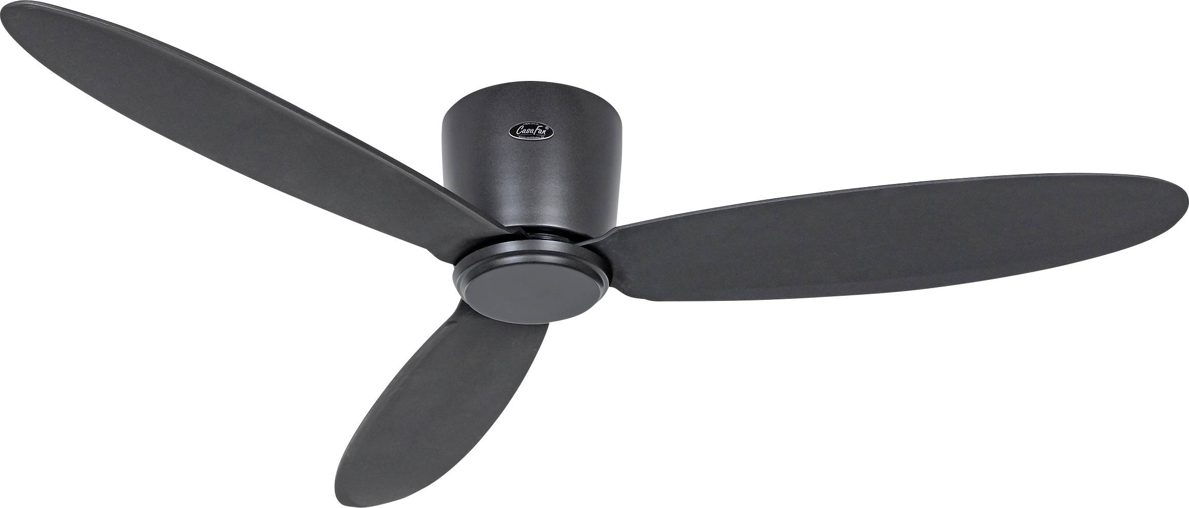 Crni stropni ventilator s tri elegantne lopatice i jednostavnim, modernim dizajnom.