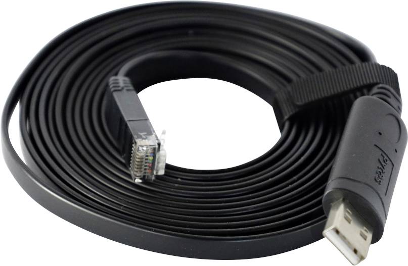 Crni USB konzolni kabel s USB konektorom na jednom kraju i RJ-45 konektorom na drugom, uredno savijen i pričvršćen čičak trakom.