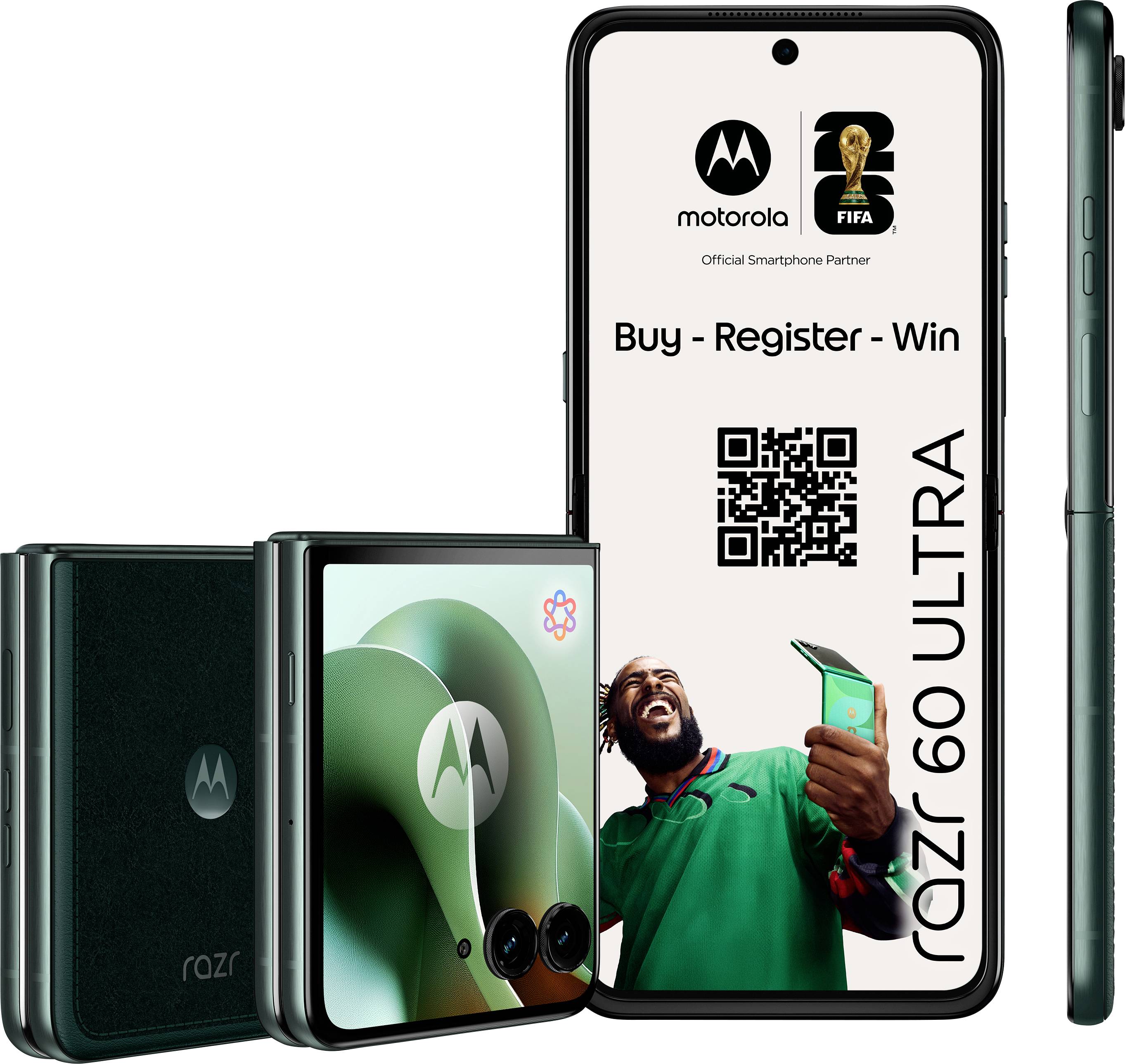 Dva Motorola Razr 60 Ultra telefona: jedan preklopljen s prikazanim logom, drugi otvarajući se prikazujući QR kod. Tekst: 'Kupite - Registrirajte se - Pobedite'.
