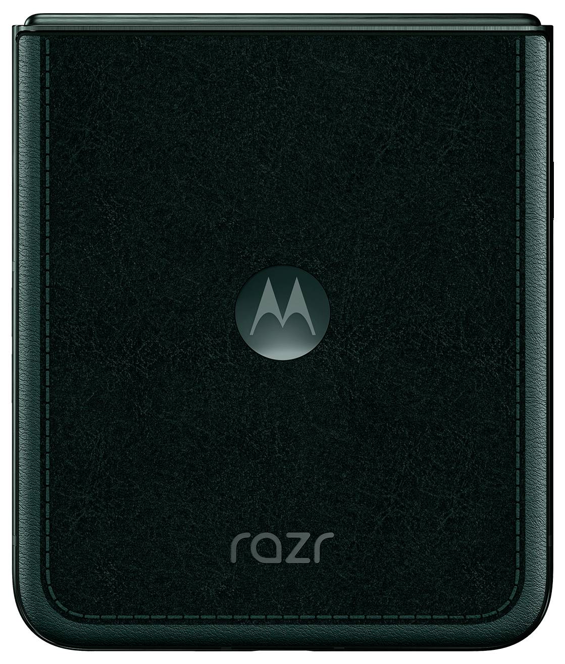 Zatvoreni Motorola Razr preklopni telefon s kožnom teksturom tamno zelene boje, s Motorola logotipom centriranim na prednjoj strani poklopca.