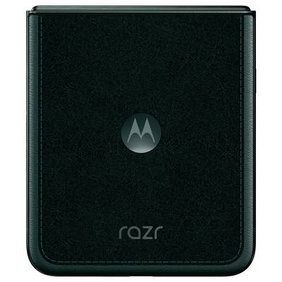 Zatvoreni Motorola Razr preklopni telefon s kožnom teksturom tamno zelene boje, s Motorola logotipom centriranim na prednjoj strani poklopca.
