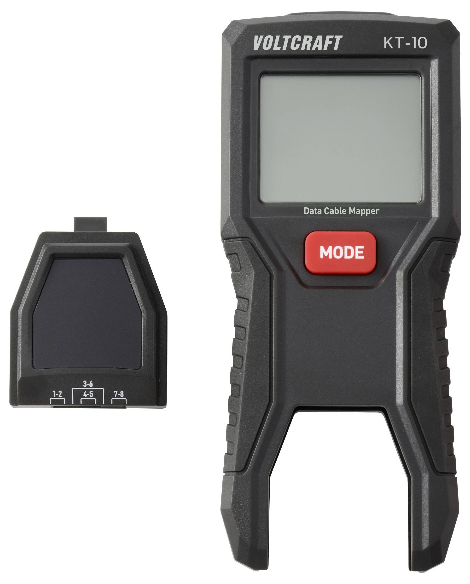 Voltcraft KT-10 tester kabela s glavnom jedinicom koja ima LCD zaslon i crvenu tipku za mode, zajedno s adapterom za priključke.