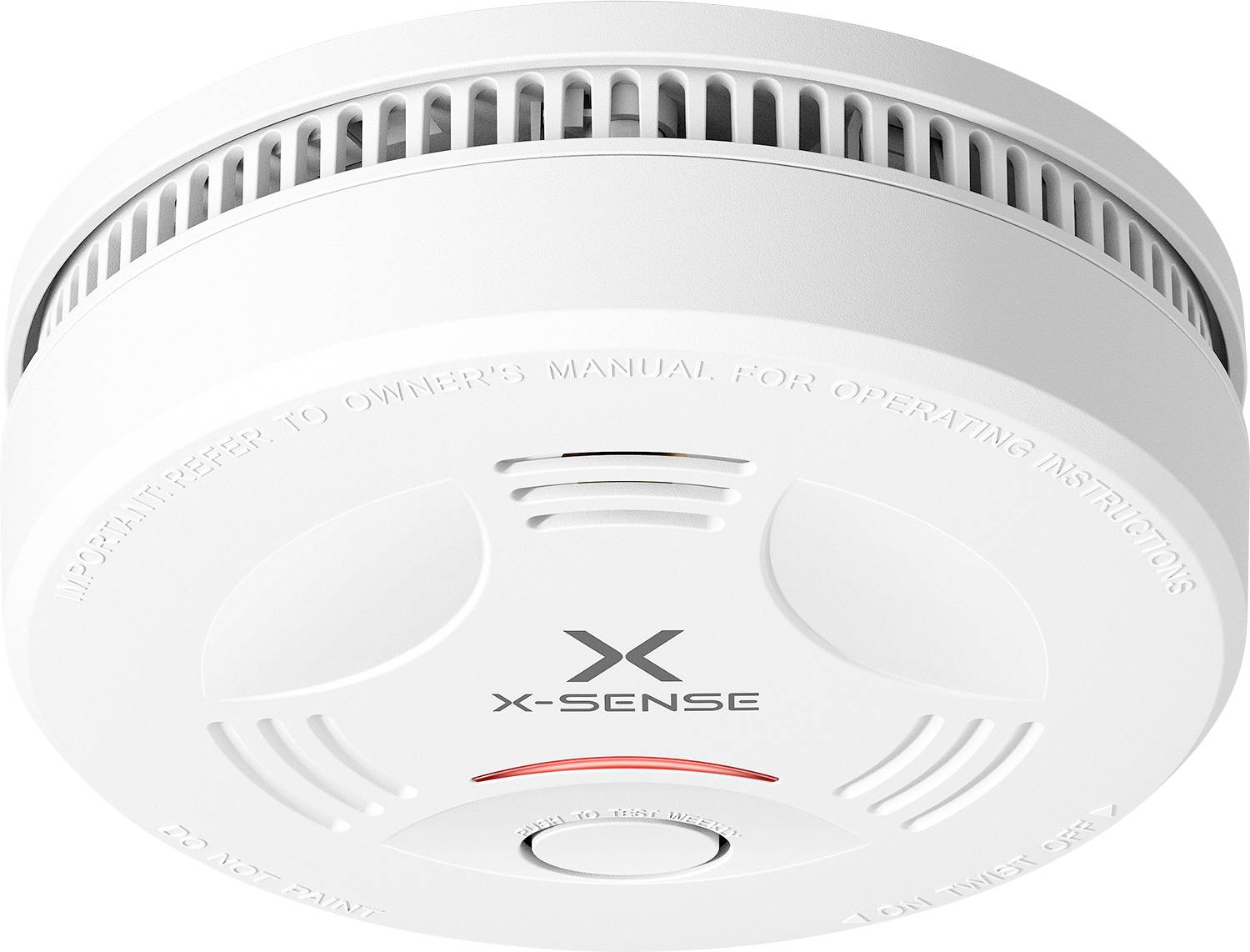 Okrugli, stropni detektor dima tvrtke 'X-Sense', koji ima središnji logotip, rešetku za zrak i vidljivu indikatorsku lampicu.