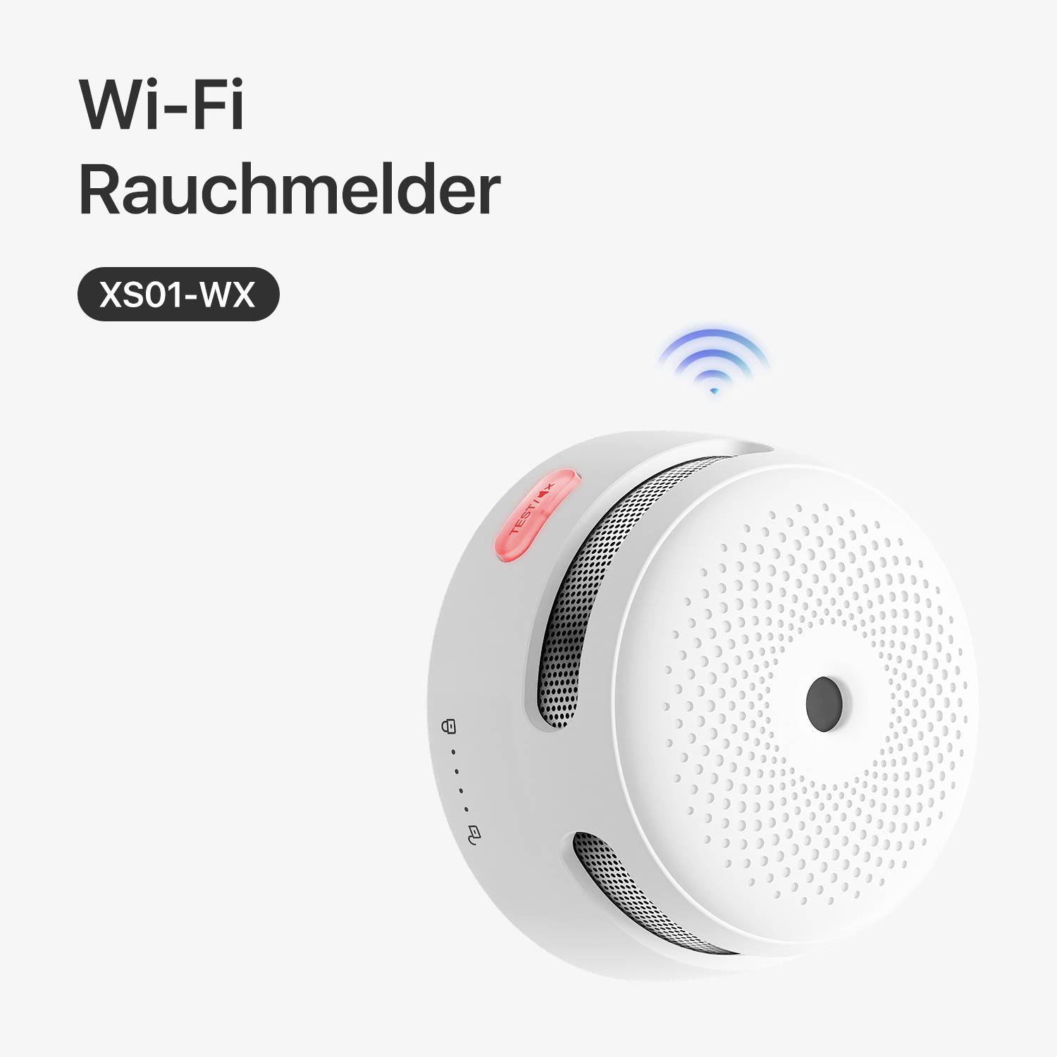 Wi-Fi dimni detektor s brojem modela 'XS01-WX', sivi uređaj s crvenim gumbom i plavim Wi-Fi indikatorom na bijeloj pozadini.