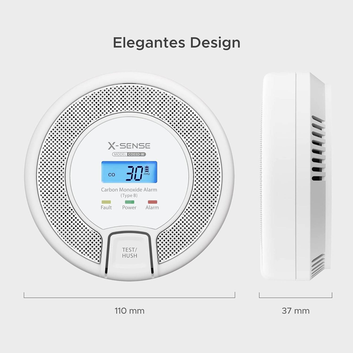 Okrugli detektor ugljičnog monoksida s digitalnim zaslonom koji prikazuje '30 PPM'. Elegantan dizajn, dimenzije 110 x 37 mm. Naziv marke 'X-SENSE'.
