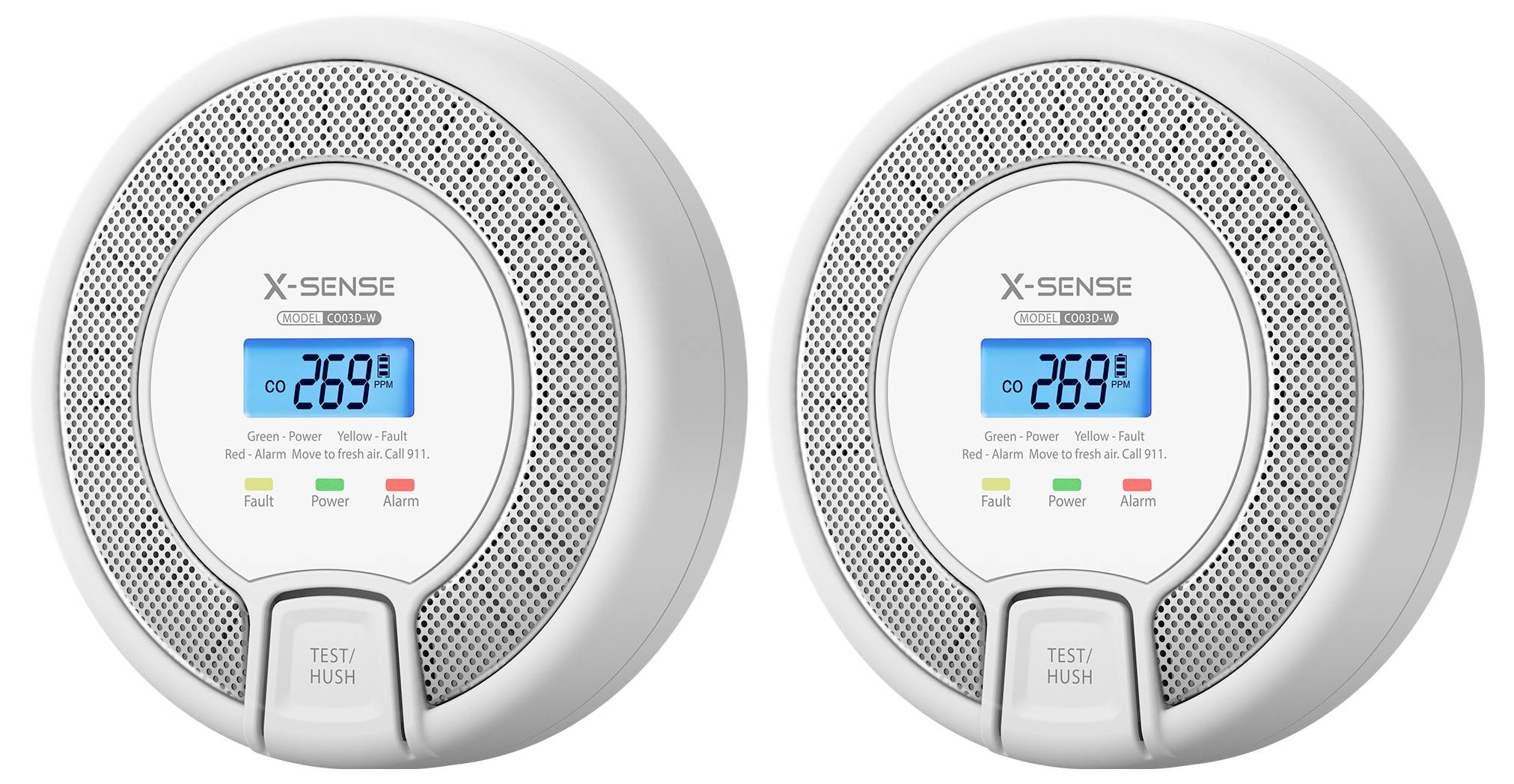 'Dva X-Sense detektora ugljičnog monoksida koji prikazuju razine CO od 269 ppm, s zelenim, žutim i crvenim indikatorskim svjetlima za napajanje, kvarove i uzbunu.'