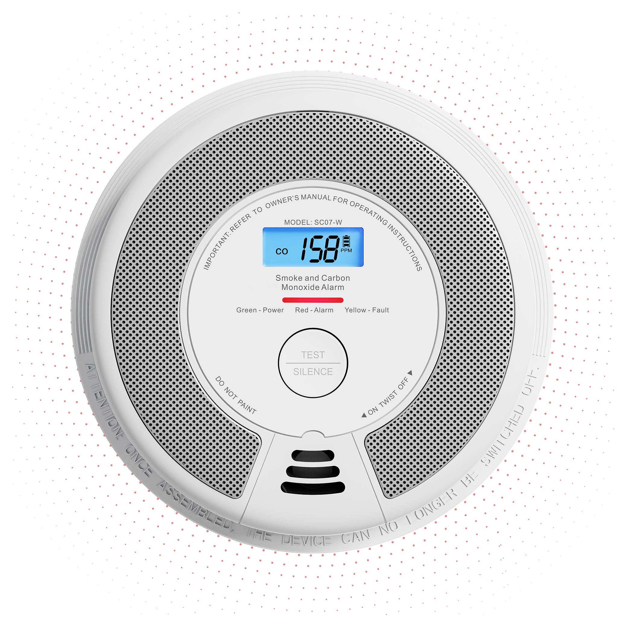 Alarm za ugljikov monoksid pokazuje razinu CO-a od 158 ppm na digitalnom zaslonu, s tipkama za test i gašenje, što ukazuje na potencijalnu opasnost.