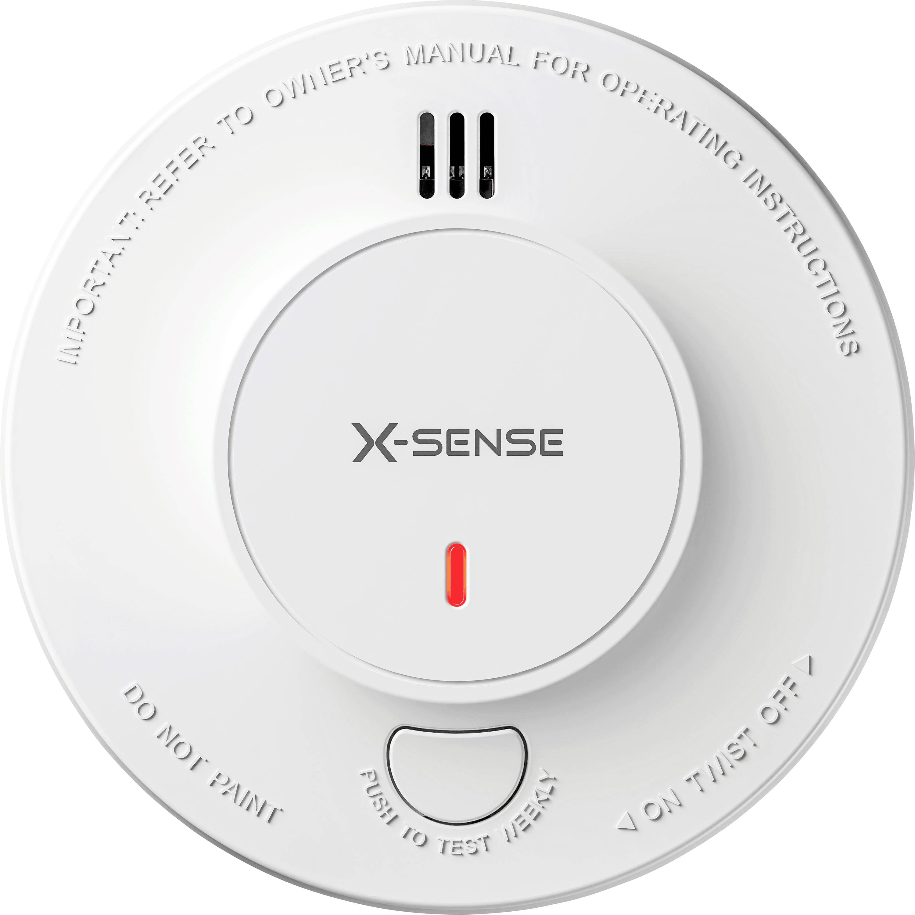 Okrugli detektor dima s tekstom 'X-Sense' u centru, crvenim indikatorom, gumbom za testiranje i uputama za konzultiranje priručnika korisnika.