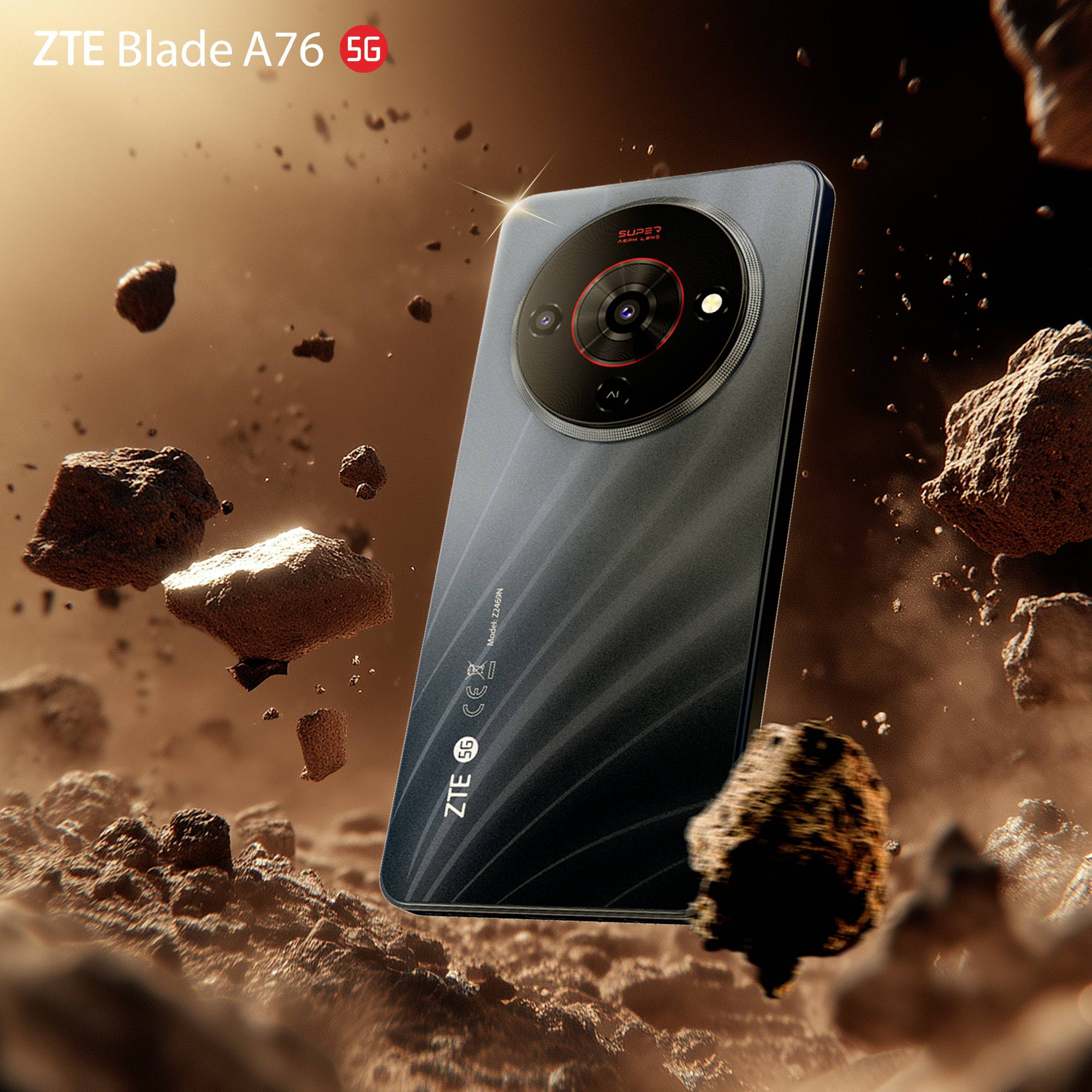 ZTE Blade A76 5G pametni telefon lebdi između stijena sličnih asteroidima u svemiru. Stražnja strana telefona i kamera su istaknuto prikazani.