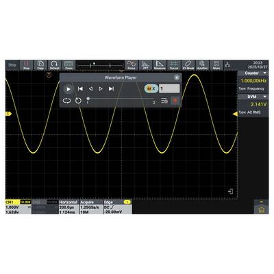 Zaslon osciloskopa prikazuje sinusni val frekvencije 1.000,00 kHz i amplitude 2,141 V AC RMS. Vremenska podjela je 200 µs.