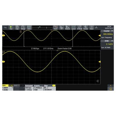 Zaslon osciloskopa prikazuje sinusni val frekvencije 999,999 Hz i amplitude 2,142 V. Faktor povećanja je 2,0x.