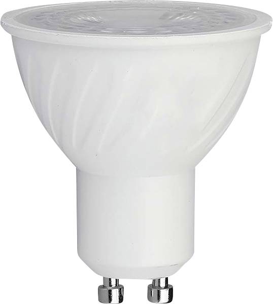 Bijela LED žarulja sa GU10 bazom, karakteristična glatkog i zaobljenog dizajna, najčešće korištena za reflektorska i stropna osvjetljenja.