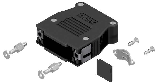 Crno plastično kućište konektora s metalnim vijcima i kopčama, dizajnirano za pričvršćivanje ili sastavljanje elektroničkih komponenti.