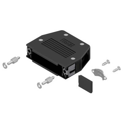 Crno modularno elektroničko kućište s nekoliko vijaka i konektora, dizajnirano za sastavljanje i osiguravanje elektroničkih komponenti.