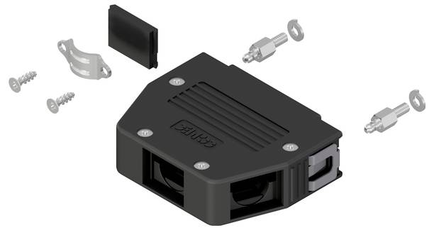 3D prikaz crnog kućišta elektroničkog uređaja s uklonjivim poklopcem, priključnicima i vijcima za montažu, prikazujući kako se dijelovi uklapaju jedan u drugi.