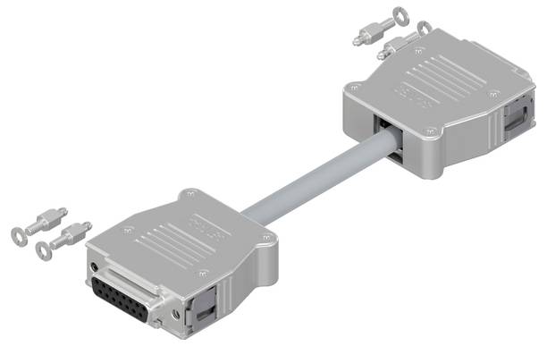 Sivi kabel s dva pravokutna konektora na svakom kraju; konektori imaju više malih okruglih rupa za pinove i neke male komponente pokraj njih.