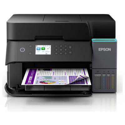 Crni Epson pisač s ekranom trenutno ispisuje obojeni dokument. Razine tinti su vidljive s desne strane.