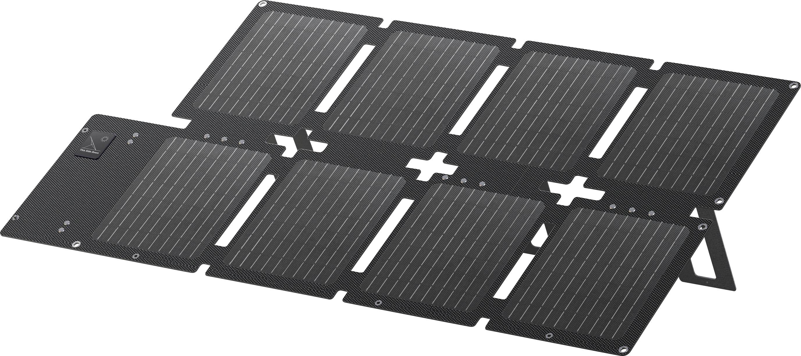 Sklopivi solarni panel s osam odjeljaka, koji ima vidljive linije na svakom panelu, dizajniran za prijenosno prikupljanje solarne energije.