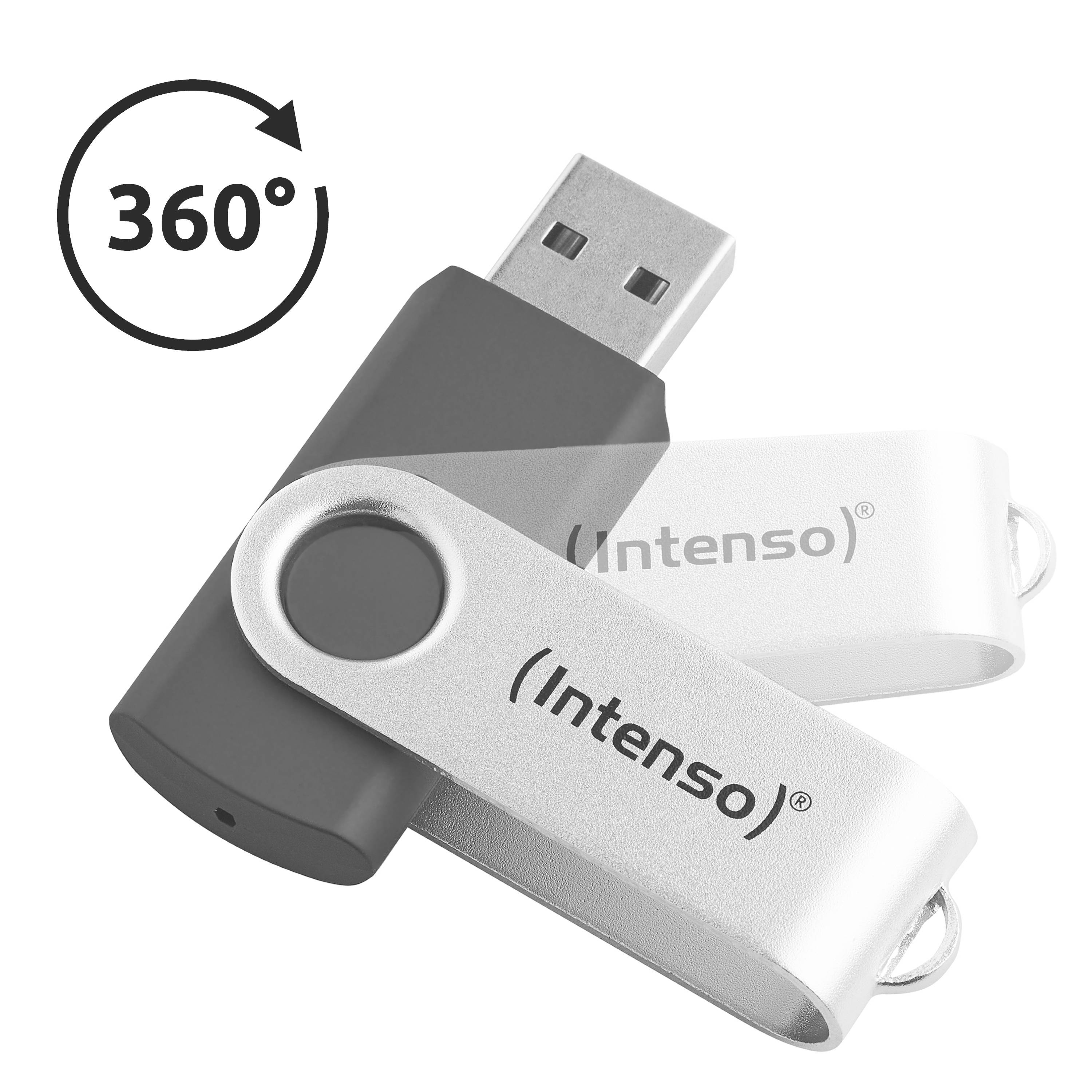 USB stick s 360-stupanjskim okretnim poklopcem, marke 'Intenso', prikazan u sivoj i bijeloj boji.
