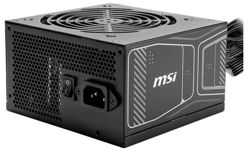 Crni MSI jedinični izvor napajanja s ventilatorom na vrhu i branding oznakama sa strane, koji sadrži višestruke kablove za spajanje računala.