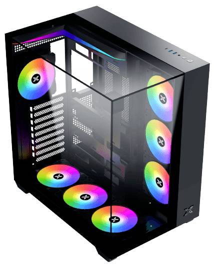 Crni računalni okvir s staklenom bočnom stranom i šarenim RGB ventilatorima. Uključuje nekoliko proširnih utora i prostora za komponente.