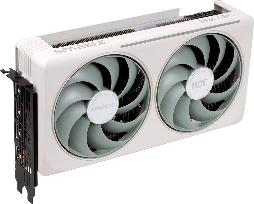 Bijela grafička kartica s dva ventilatora, označena natpisima 'SPARKLE' i 'ROC Intel ARC', s više priključaka sa strane.